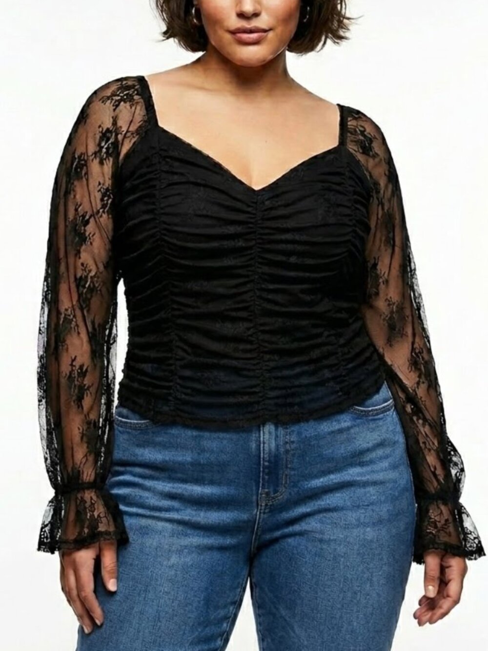 Self Esteem Whimshigoth Lace Top Black Ruched V-Neck Flare Sleeve Cyber Y2K XL